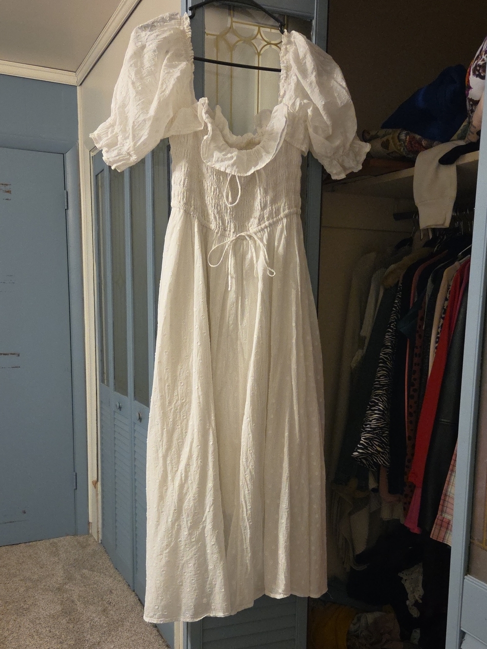 White Puff-Sleeve Maxi Dress with Smocked Bodice and Tie Waist
